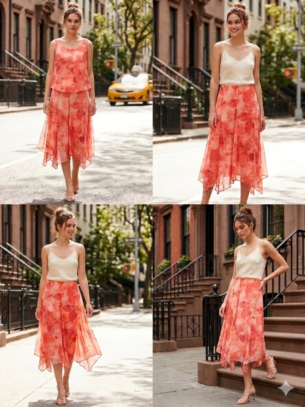 Sheri Martin NY Floral Chiffon Midi Skirt Peach Coral Handkerchief Hem Size 10